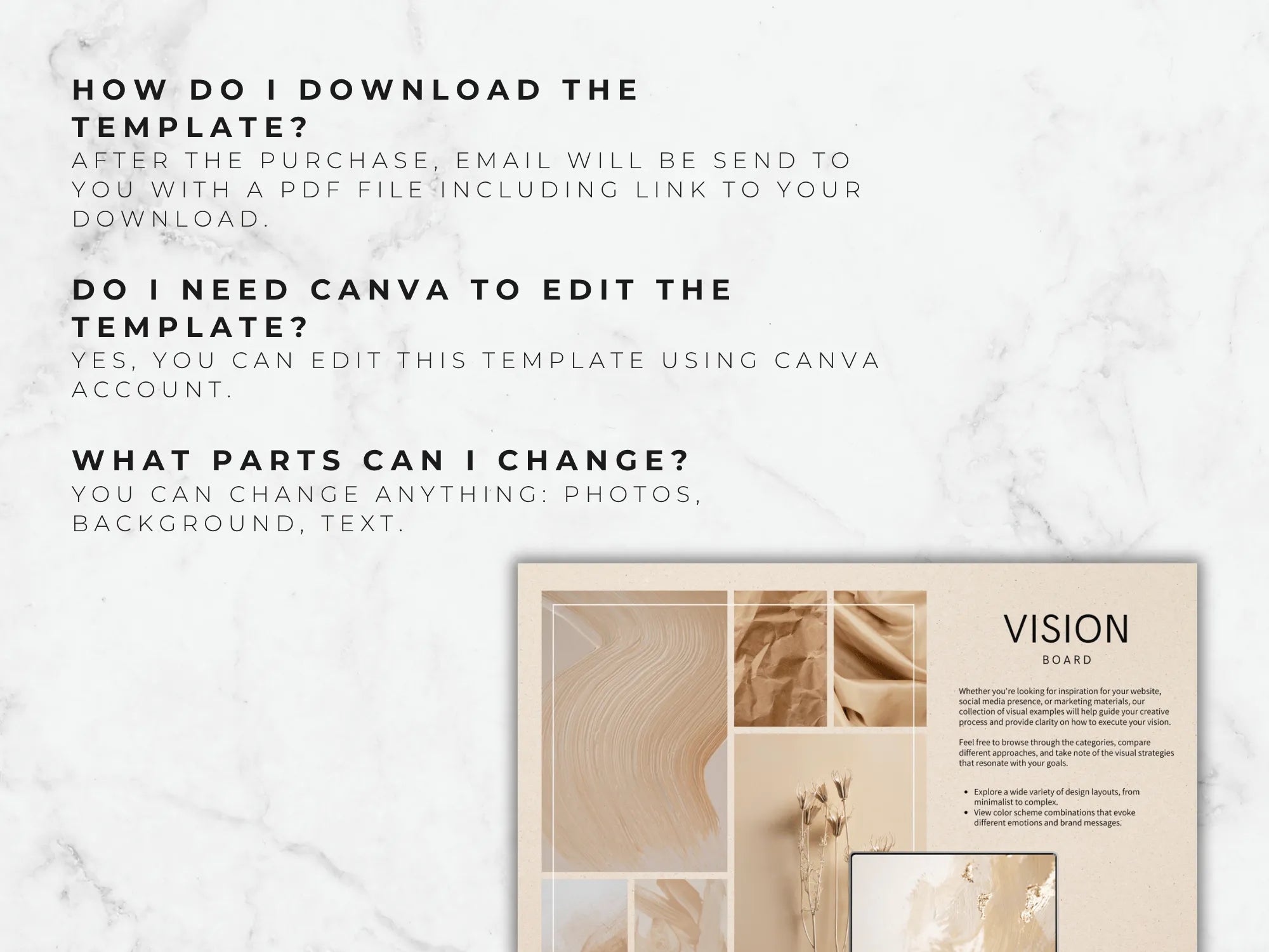 Vision board template with wooden textures and text on a marble background