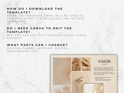 Vision board template with wooden textures and text on a marble background