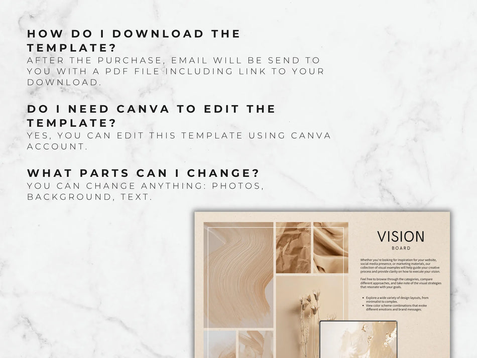 Vision board template with wooden textures and text on a marble background