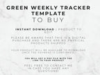 Text on a marble background describing a green weekly tracker template for purchase.