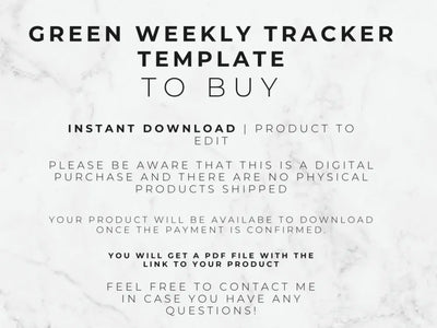 Text on a marble background describing a green weekly tracker template for purchase.