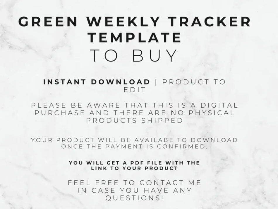 Text on a marble background describing a green weekly tracker template for purchase.