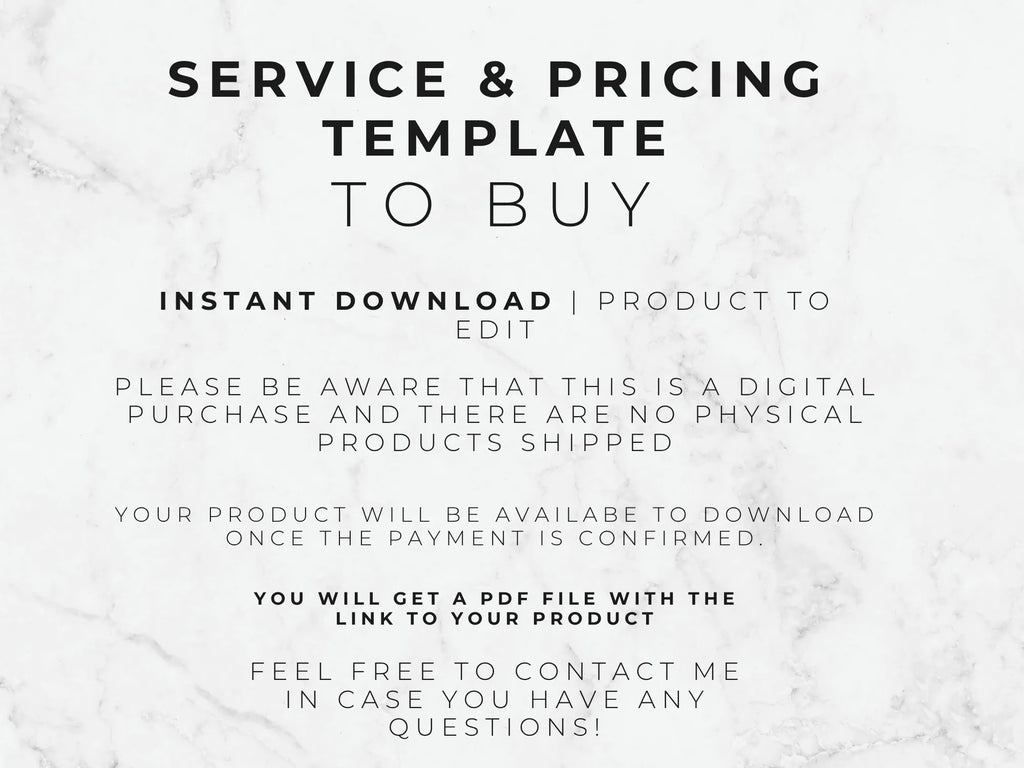 Text on a marble background explaining a service and pricing template for digital download.