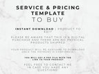 Text on a marble background explaining a service and pricing template for digital download.
