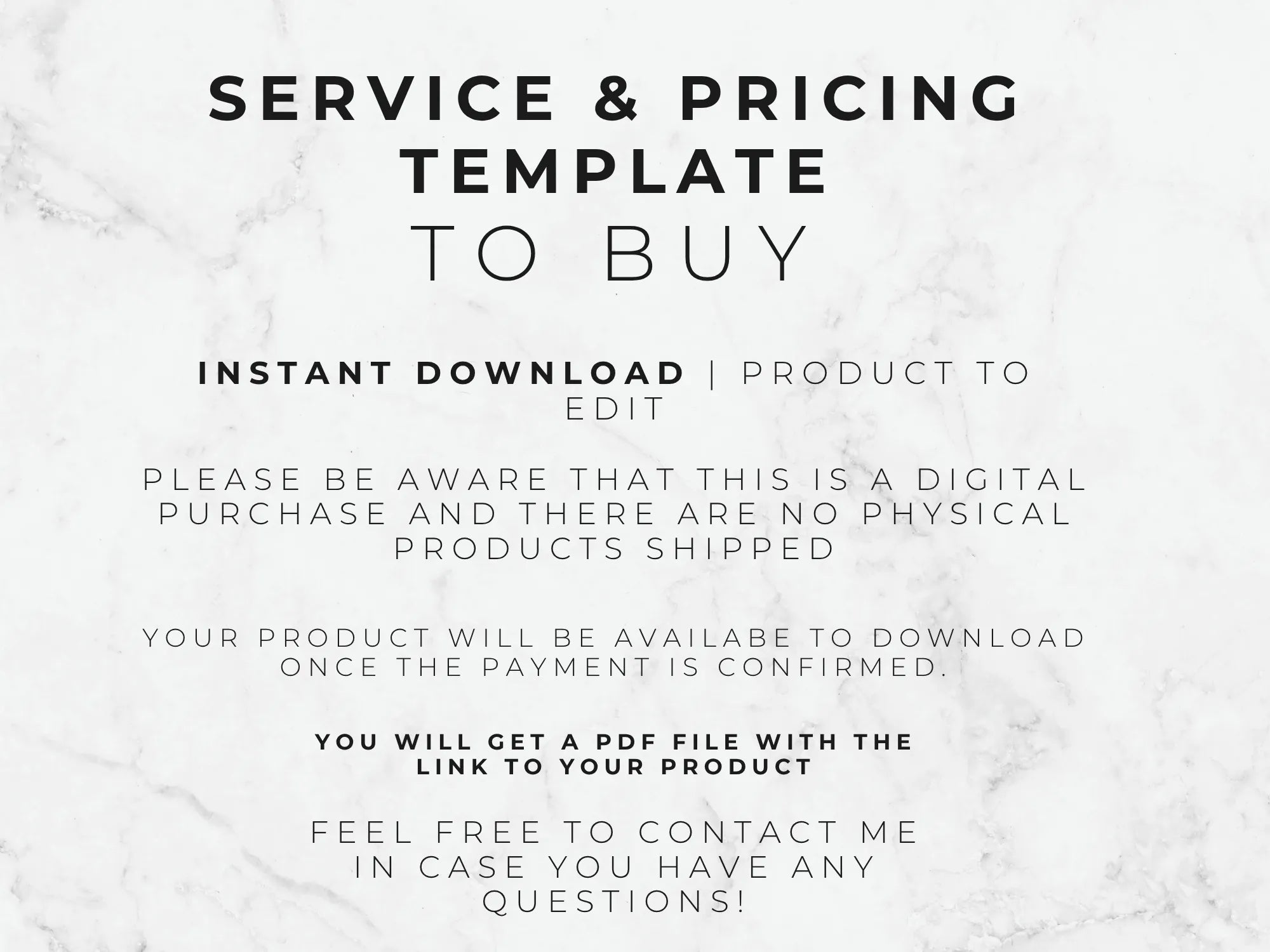 Text on a marble background explaining a service and pricing template for digital download.