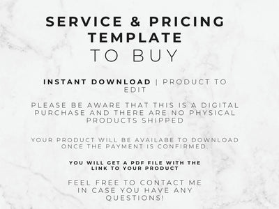 Text on a marble background explaining a service and pricing template for digital download.