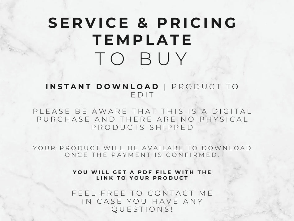 Text on a marble background explaining a service and pricing template for digital download.