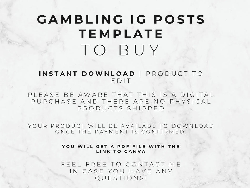 Text on a marble background about purchasing a gambling Instagram posts template.
