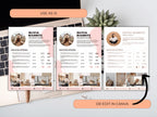 Three views of a resume template with a laptop and plant in the background.