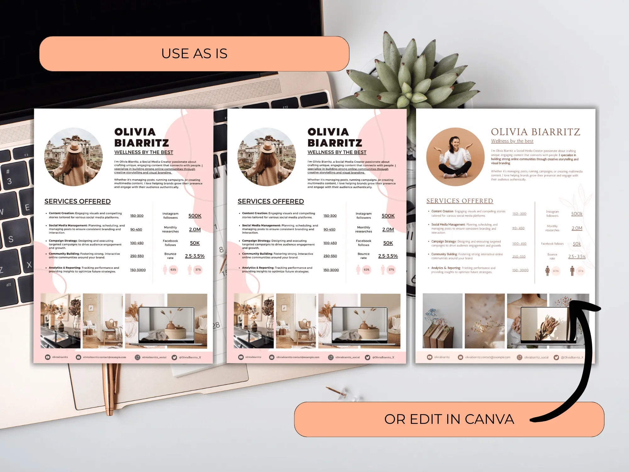 Three views of a resume template with a laptop and plant in the background.