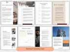 A collection of 8 template pages showing a Home Buying Process diagram, Market Analysis charts, and a Kickoff Checklist