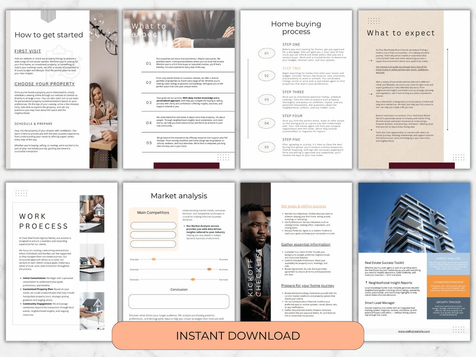 A collection of 8 template pages showing a Home Buying Process diagram, Market Analysis charts, and a Kickoff Checklist