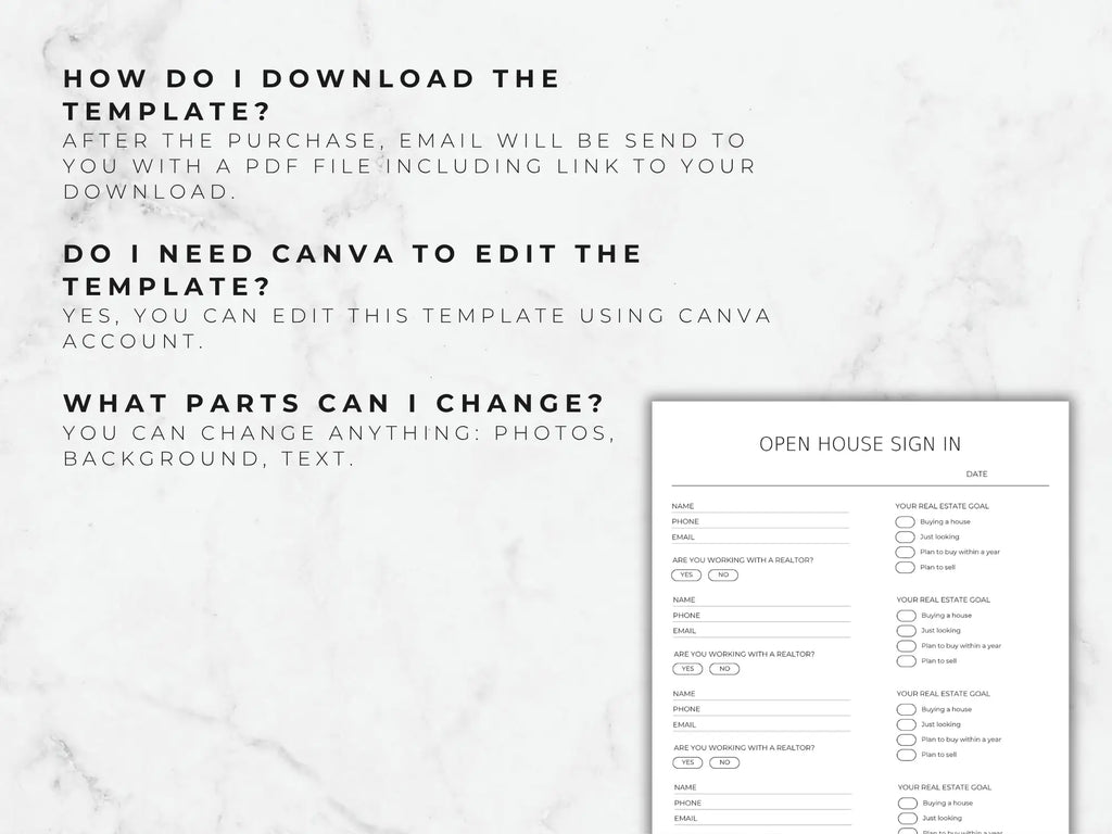 Open house sign-in sheet template with text instructions on a marble background