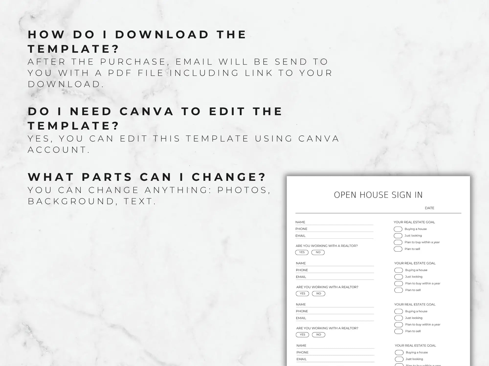 Open house sign-in sheet template with text instructions on a marble background