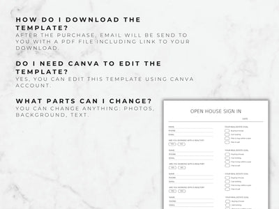 Open house sign-in sheet template with text instructions on a marble background