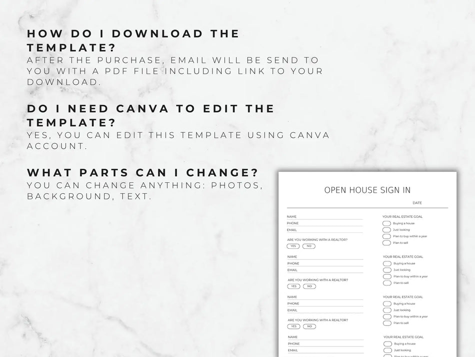 Open house sign-in sheet template with text instructions on a marble background