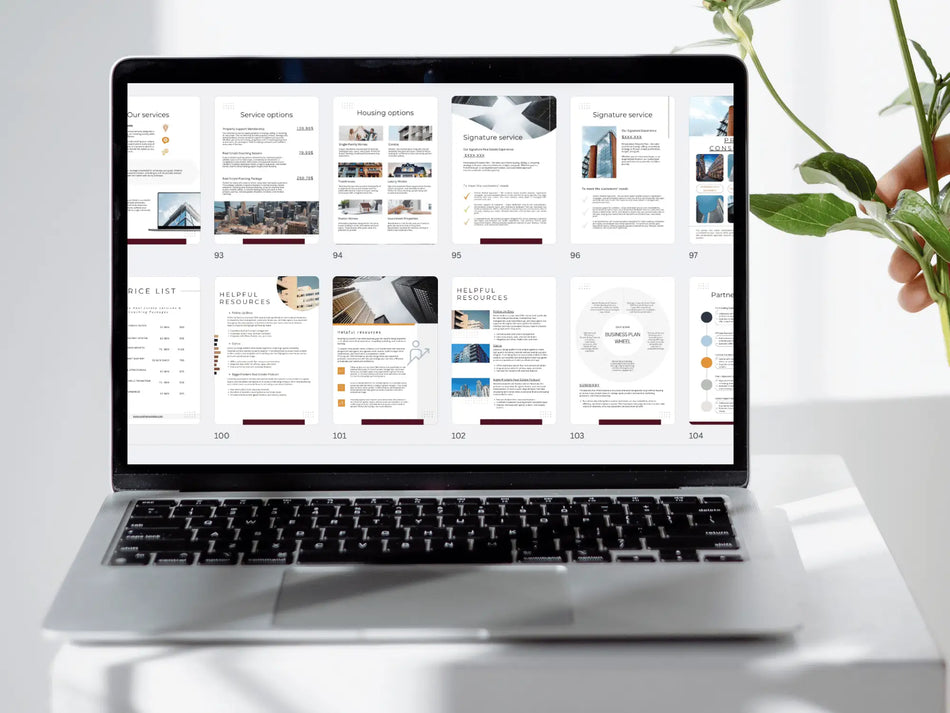A laptop screen displaying a wide grid of numerous real estate template pages, ranging from service options to helpful resources and housing maps