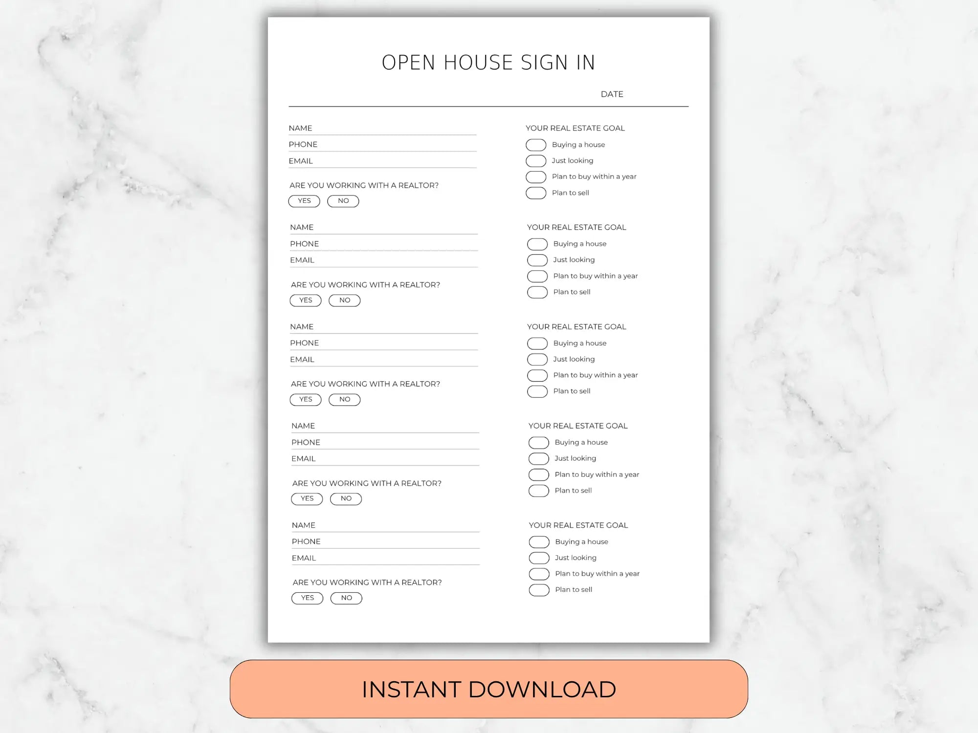 Open house sign-in sheet on a marble background with an 'Instant Download' button.
