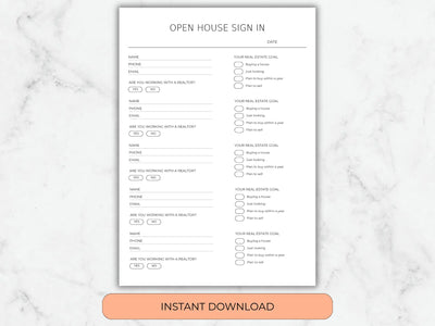 Open house sign-in sheet on a marble background with an 'Instant Download' button.