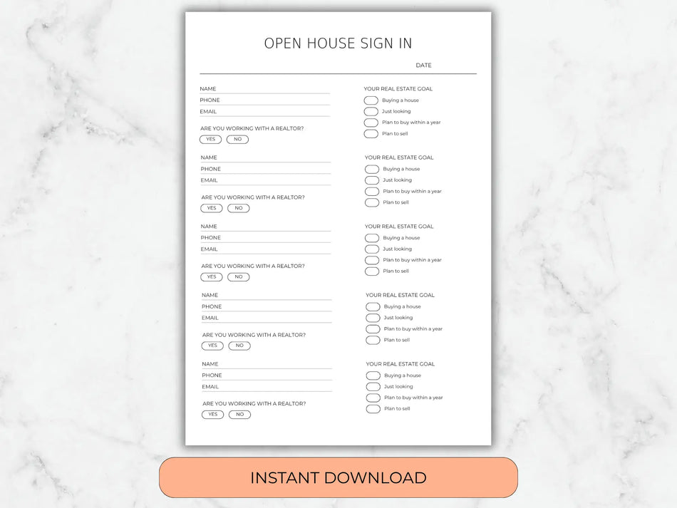 Open house sign-in sheet on a marble background with an 'Instant Download' button.