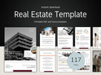 A dark banner displaying a 117-page Real Estate Agent Welcome and Onboarding kit with various page previews like Mission and Team introduction