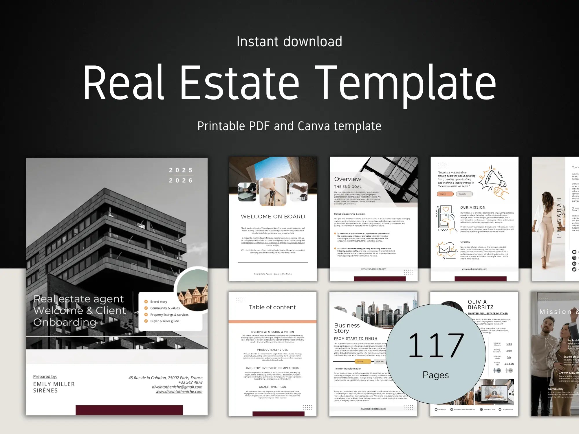 A dark banner displaying a 117-page Real Estate Agent Welcome and Onboarding kit with various page previews like Mission and Team introduction