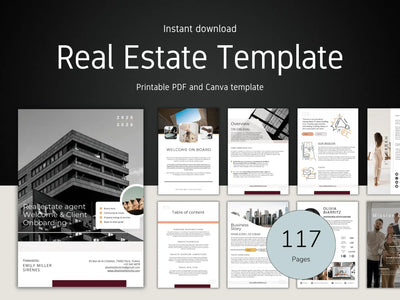 A dark banner displaying a 117-page Real Estate Agent Welcome and Onboarding kit with various page previews like Mission and Team introduction