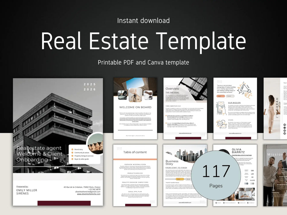 A dark banner displaying a 117-page Real Estate Agent Welcome and Onboarding kit with various page previews like Mission and Team introduction