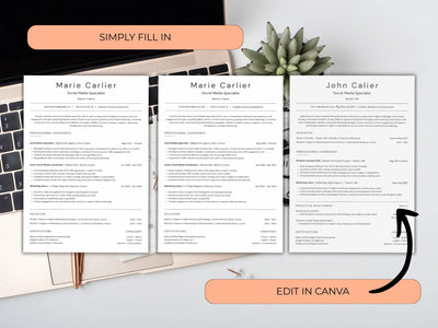 Three resumes on a desk with text indicating they can be edited in Canva.