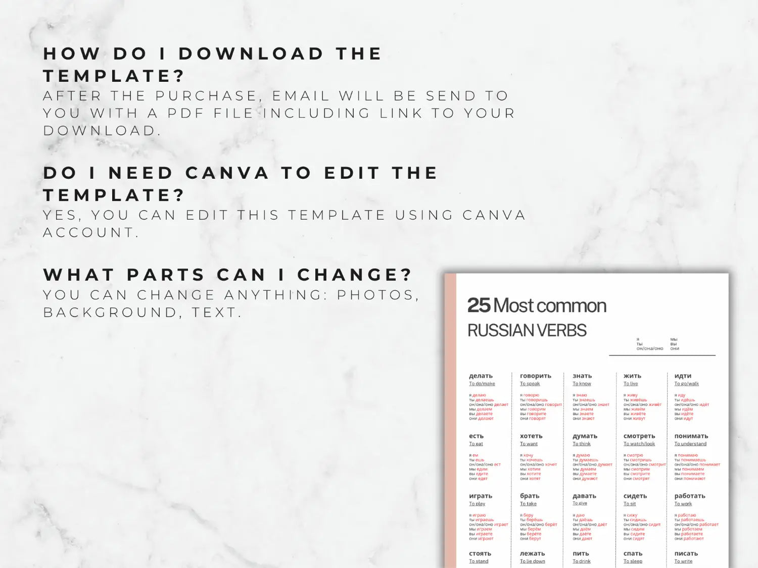 Sheet of paper with Russian verbs list on a marble background