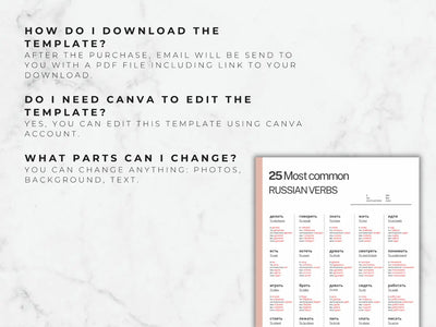 Sheet of paper with Russian verbs list on a marble background