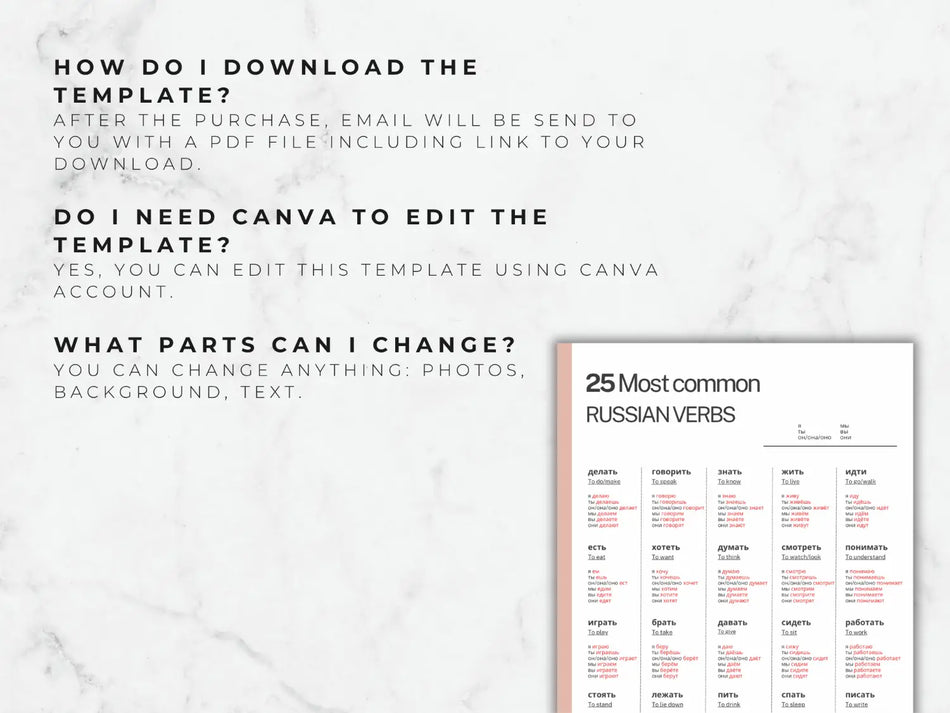 Sheet of paper with Russian verbs list on a marble background