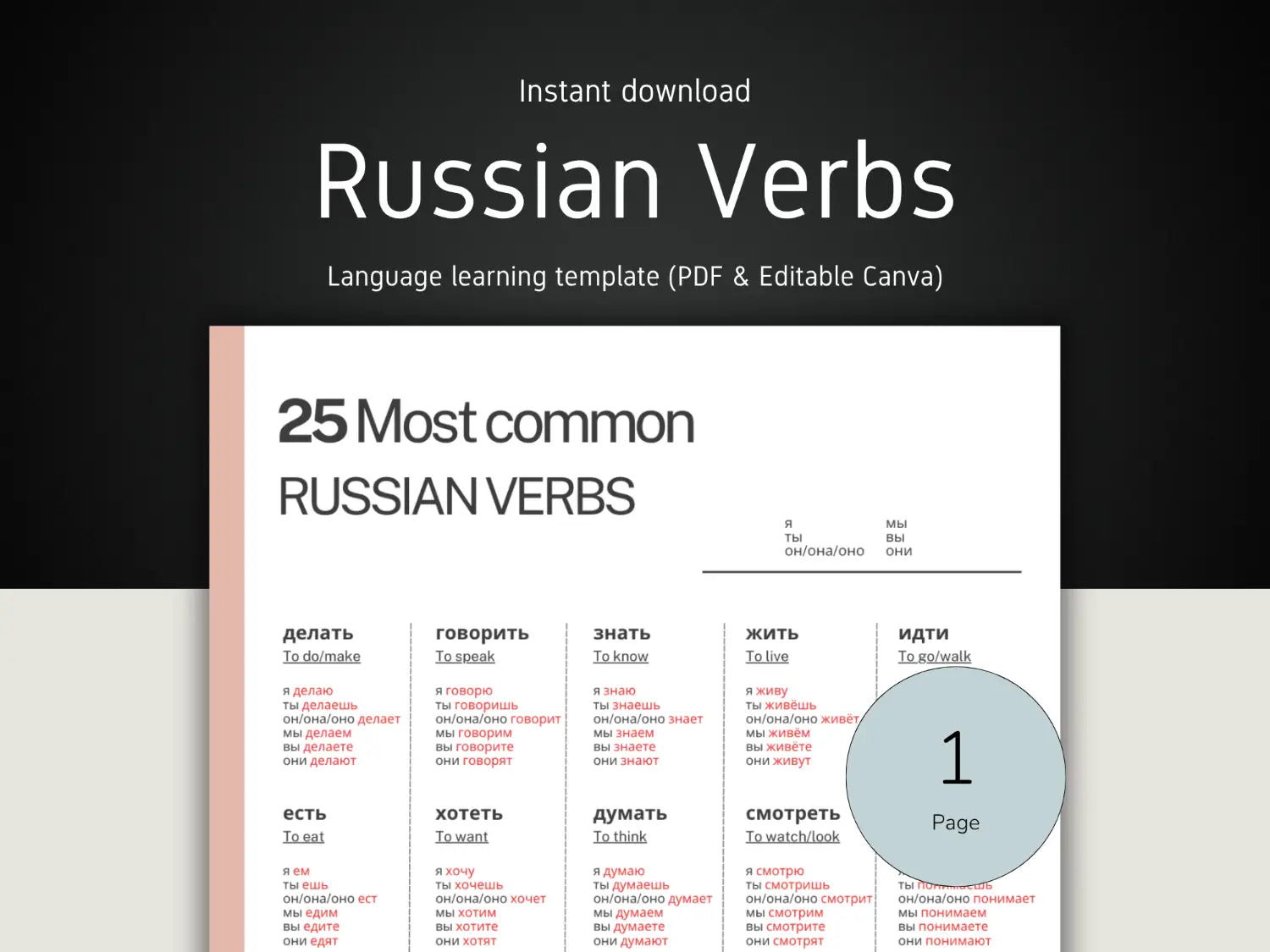 Russian verbs learning template with text and icons on a white background