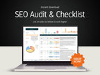 Laptop displaying an SEO audit checklist with a 'Shop Now!' button on a dark background