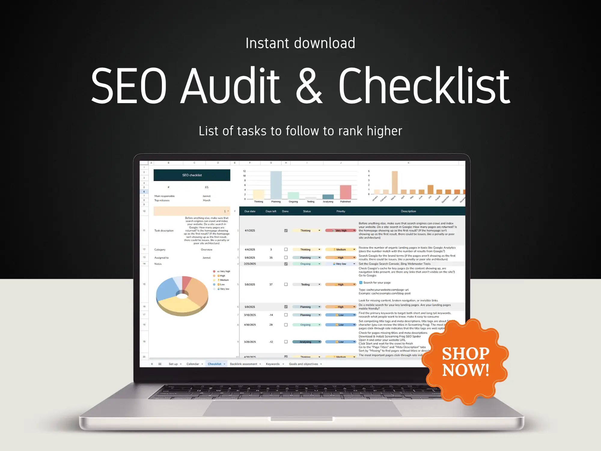 Laptop displaying an SEO audit checklist with a 'Shop Now!' button on a dark background