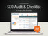 Laptop displaying an SEO audit checklist with a 'Shop Now!' button on a dark background