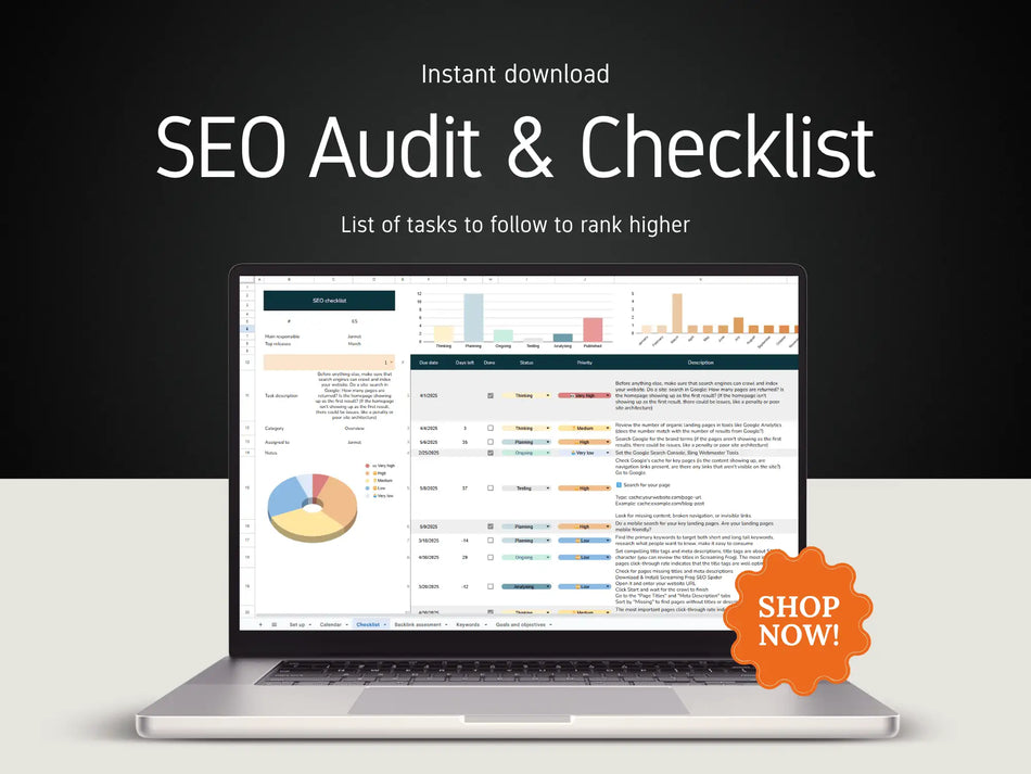 Laptop displaying an SEO audit checklist with a 'Shop Now!' button on a dark background
