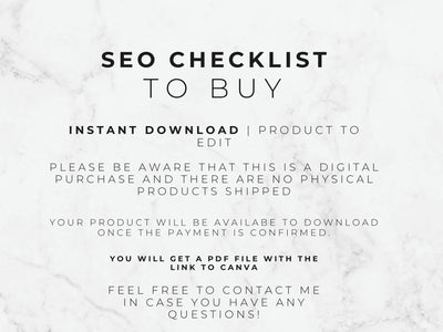 Text on a marble background describing an SEO checklist for product purchase.