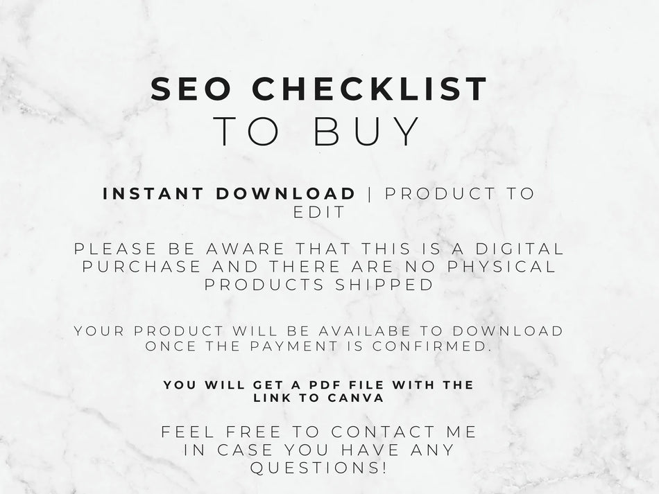 Text on a marble background describing an SEO checklist for product purchase.