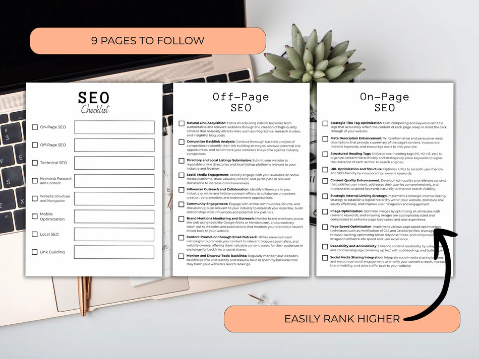 SEO checklist with 'On-Page SEO' and 'Off-Page SEO' sections on a desk with a laptop and plant.