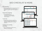 SEO checklist with multiple computer screens displaying different tools on a light gray background.