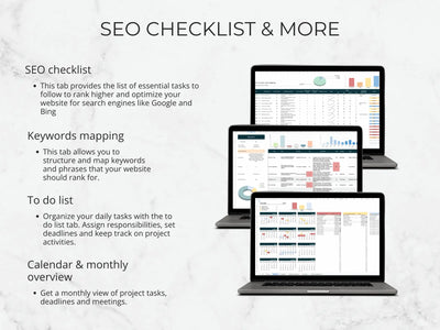 SEO checklist with multiple computer screens displaying different tools on a light gray background.