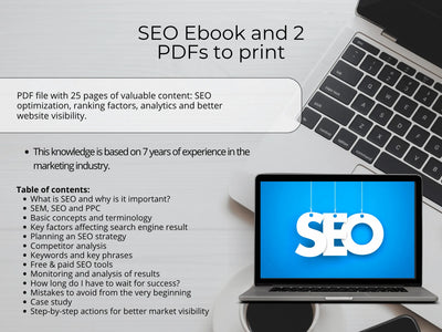 Laptop showing SEO branding, representing a 25-page SEO ebook and printable PDF guides for marketing success.