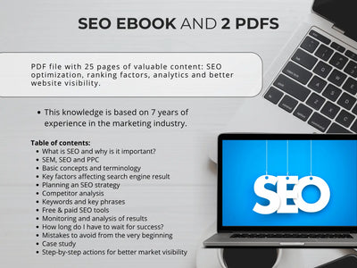 Laptop with SEO-themed screen displaying text about SEO eBook and PDFs on a gray background.