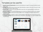 Laptop screen showing a marketing template and a list of ways to use it, including SEO, content planning, and analysis.