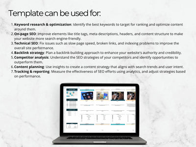Laptop screen showing a marketing template and a list of ways to use it, including SEO, content planning, and analysis.