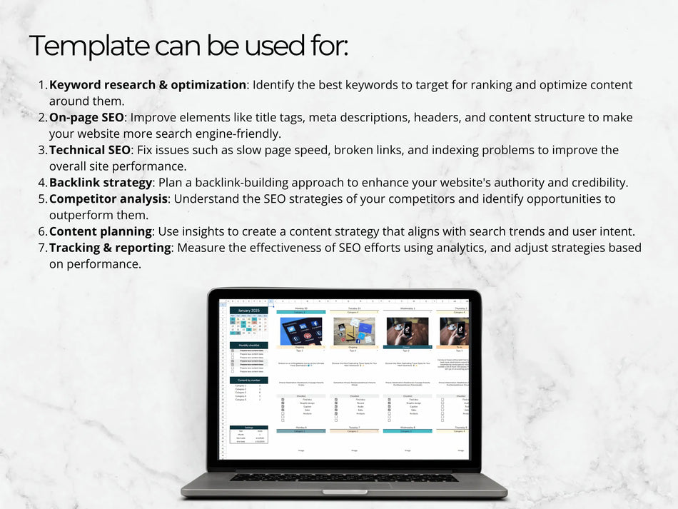 Laptop screen showing a marketing template and a list of ways to use it, including SEO, content planning, and analysis.