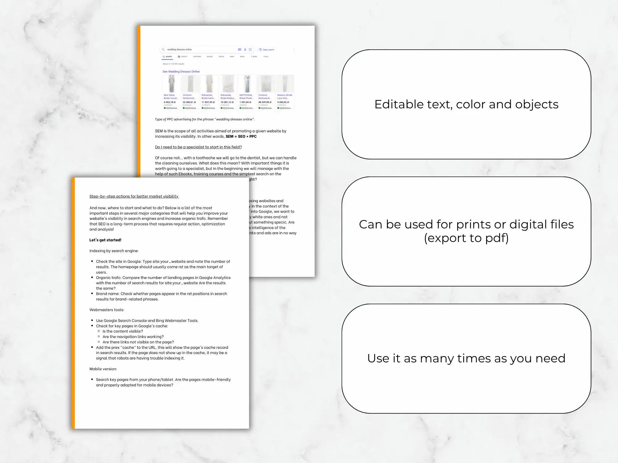 Two pages of a document with text and graphics on a marble background