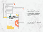 SMART Goals checklist and planner on a marble background with text about customization.