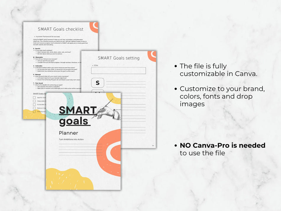 SMART Goals checklist and planner on a marble background with text about customization.